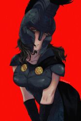 agamemnon agamemnon_(the_odyssey_2026) armor black_hair clothed clothing genderbend genderswap genderswap_(mtf) helm helmet huff huffing looking_at_viewer pale_skin red_background rule_63 suggestive suggestive_look the_odyssey_(2026) warrior warrior_woman