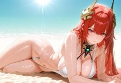 1girls beach breasts female female_only full_body hair_between_eyes large_breasts long_hair lying lying_on_stomach pale_skin pale_skinned_female punishing:_gray_raven red_eyes red_hair slingshot_swimsuit solo vera_(punishing:_gray_raven)