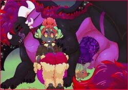 absurd_res aliradan ambiguous_gender animal_genitalia anthro balls big_penis black_body blush bodily_fluids border clothed clothing dragon dripping female feral genital_fluids genitals grace_(trissyfen) hair hair_sheep half-erect hi_res horn huge_penis hyper hyper_genitalia hyper_penis licking licking_lips multi_arm multi_limb mythological_creature mythological_scalie mythology penis precum red_border saliva saliva_drip scalie sheath simple_background sitting size_difference solo sweat tongue tongue_out trissyfen wiltshire_horn