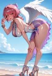 1girl :p ai_generated angel_wings artist_name ass beach bent_over blush bow bracelet breasts day feathered_wings feet full_body hair_bow hand_on_own_knee high_heels hoyoverse jewelry large_breasts legs looking_at_viewer mihoyo nail_polish ocean one-piece_swimsuit outdoors patreon patreon_username pink_eyes pink_hair pink_nails remielle_(zenless_zone_zero) remielle_dan remielle_dan_(seashade_pas_seul) sandals sarong sky smile solo standing strappy_heels swimsuit tagme_(artist) thighs toeless_footwear toenail_polish toenails toes tongue tongue_out v water wet white_one-piece_swimsuit white_wings wings zenless_zone_zero