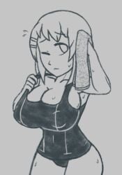 1girl armpit_peek azugarosu breasts cleavage closed_mouth collarbone covered_erect_nipples greyscale hair_ornament hairclip holding holding_towel huge_breasts k-on! looking_to_the_side monochrome one-piece_swimsuit one_eye_closed short_hair sketch skindentation solo sweat swimsuit thighs towel yui_hirasawa_(k-on!)
