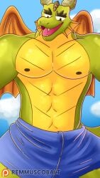 4k 9:16 absurd_res activision age_difference anthro clothed clothing dragon hi_res male muscular mythological_creature mythological_scalie mythology nestor_(spyro) nipples older_male remmus_cobalt rescued_dragons_(spyro) scalie solo spyro_the_dragon teasing topless towel wings