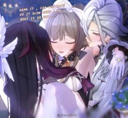 3d 3d_(artwork) arlecchino_(genshin_impact) bangs black_and_white_hair brown_hair columbina_(genshin_impact) dominant_female double_penetration female/female/female genshin_impact hair_over_one_eye lesbian lesbian_sex lesbian_threesome long_hair purple_hair sandrone_(genshin_impact) sandwiched submissive_female threesome yuri