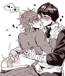 2boys after_kiss anal_fingering anal_juice ass ass ass_juice bandage bandaged_arm blue_eyes blush boruto:_naruto_next_generations bowl_cut clothed clothed_sex clothing femboy fingering french_kiss french_kissing fully_clothed gaara gay hikanon jacket looking_at_partner male male/male male_only monochrome naruto naruto:_the_last naruto_(series) naruto_shippuden no_panties open_mouth pants_down rock_lee romantic saliva saliva_string sex shirt_lift shirt_up tongue tongue_out twink yaoi