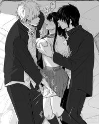 1girls 2boys blush breast_grab breasts_out fingering fingering_partner from_behind gakuran genderswap_(mtf) gintama gintoki_sakata katsura_kotarou long_hair looking_pleasured mmf_threesome monochrome on_side panties panties_down rule_63 school_uniform serafuku smile suwada_niku sweat takasugi_shinsuke threesome vaginal_fingering