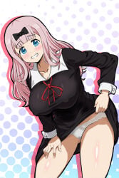 1girls big_breasts blue_eyes blush breasts busty cameltoe covered_erect_nipples female female_only fujiwara_chika grin hair_ribbon hand_on_leg hand_on_own_leg hand_on_own_thigh hand_on_thigh highres kaguya-sama_wa_kokurasetai_~tensai-tachi_no_renai_zunousen~ large_breasts leaning_forward lifting_own_clothes long_hair looking_at_viewer no_bra panties pink_hair pose posing ribbon school_uniform schoolgirl sensual sexy sexy_pose smile solo underwear voluptuous