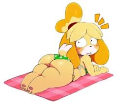alone animal_crossing ass ass_crack big_ass big_butt bikini butt_crack canid canine chubby colored embarrassed fat_ass fat_butt female female_focus female_only huge_ass huge_butt isabelle_(animal_crossing) looking_back nintendo shocked solo source_request sssonic2 sunbathing thick_thighs thighs year_request