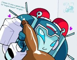 1boy1girl bit-fruity blue_body cum cum_on_body cum_on_penis dark-skinned_male hearts lustful_gaze nickel_(transformers) penis_on_cheek penis_on_face robot robot_girl touching_penis transformers transformers_idw watermark