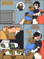 3:4 anal anal_penetration anthro balls belly big_belly big_breasts big_butt black_hair blonde_hair bodily_fluids border breasts butt calico_cat clothed clothing comic cover cum cum_inflation cum_inside dialogue digital_media_(artwork) domestic_cat duo english_text felid feline felis female freckled_face freckles fur genital_fluids genitals green_eyes grey_border hair hi_res huge_breasts inflation lagomorph lemmy_(sapphinarose) lewd_can male male/female mammal marathon_sex mottled paprika_(sapphinarose) penetration piebald pika sex simple_background size_difference text thick_thighs