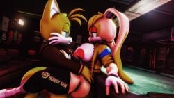 16:9 3d_(artwork) aged_up anthro bar billiard_table canid canine clothed clothing cream_the_rabbit digital_media_(artwork) female fingerless_gloves fox furniture gloves handwear heresy_sfm hoodie jacket lagomorph leporid male male/female mammal miles_prower nipple_piercing nipples partially_clothed piercing rabbit sega sonic_the_hedgehog_(series) table topwear widescreen