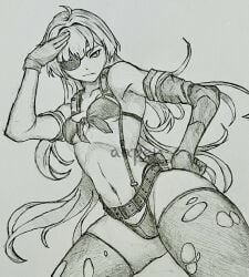 1girls aapendooors arm_band bangs bikini cameltoe doll_(murder_drones) eye_patch eyepatch gloves harness long_hair murder_drones ripped_stockings ripped_thighhighs salute saluting small_breasts stockings thighhighs thin_waist wide_hips