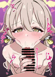 1boy 1girls :>= bar_censor blonde_hair blue_archive blush breasts censored collarbone fellatio from_above hair_between_eyes halo heart hetero hifumi_(blue_archive) long_hair looking_at_viewer low_twintails mitsuame_miiro motion_lines nipples nude pov pov_crotch purple_background saliva simple_background small_breasts solo_focus sweat twintails yellow_eyes yellow_halo