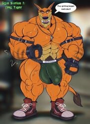 abs absurd_res activision anthro balls balls_outline barazoku biceps big_balls big_muscles big_pecs big_penis body_hair bottomwear brown_hair bulge calf_muscles clothing crash_bandicoot_(series) dasyuromorph deltoids detailed_bulge dialogue english_text eyebrows fangs flexing footwear fur genital_outline genitals gloves hair handwear hi_res jewelry jockstrap looking_down male mammal manly marsupial muscular muscular_anthro muscular_arms muscular_legs muscular_male muscular_thighs necklace obliques orange_body pecs penis penis_outline pubes recently_extinct_species shoes smile solo standing tail tail_tuft tan_body tan_fur teeth text thick_eyebrows thylacine tiny_tiger trapezius triceps tuft underwear vaniwulf vein veiny_muscles