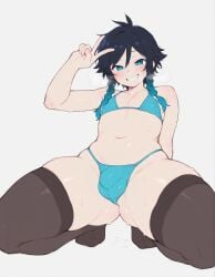 1boy ai_generated blue_eyes blush blushing bulge_through_clothing femboy femmeup genshin_impact meupfem otoko_no_ko peace_sign smile smiling smiling_at_viewer stockings swimsuit venti_(genshin_impact)