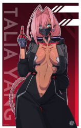 1girls barcode barcode_pubic_hair barcode_tattoo blue_eyes color cyberpunk:_edgerunners cyberpunk_2077 cyberpunk_girl cyborg cyborg_girl female female_focus female_only hi_res long_hair looking_at_viewer mule_express pink_hair slim_waist solo solo_female talia_yang tan_body tan_skin thick_thighs