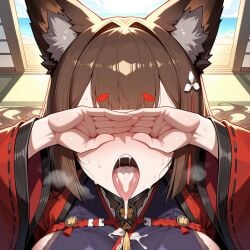 1girl after_fellatio ai_generated amagi_(azur_lane) animal_ear_fluff animal_ears azur_lane bangs blush breasts breath brown_hair clothing covering_another's_eyes covering_face covering_own_eyes cum cum_in_mouth cum_on_body cum_on_breasts cum_on_clothes cum_on_hands cum_on_tongue cumdrip day facial facing_viewer female fox_ears fox_girl fox_tail hair_ornament heavy_breathing hikimayu indoors japanese_clothes kimono large_breasts long_hair long_sleeves lunaart ocean open_mouth purple_kimono red_kimono robe rope saliva saliva_drip short_eyebrows sideboob sliding_doors solo stray_pubic_hair sweat teeth thick_eyebrows tongue tongue_out traditional_clothes upper_body upper_teeth_only uvula wafuku wide_sleeves wooden_floor