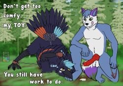 animal_genitalia animal_penis anthro anthro_on_anthro arms_tied ass_up avian avian_feet balls bdsm beak big_penis bird blackneka_(artist) blue_body blue_feathers blue_fur bodily_fluids bondage bound cade_harrow canid canine canine_genitalia canine_penis canis claws corvid corvus_(genus) crouching crow cuff_(restraint) cum degradation dibbo digital_media_(artwork) dominant dominant_male dripping duo english_text erection feathers feet forced forest fur genital_fluids genitals grass green_eyes hair handcuffs hands_behind_back hands_tied hi_res humiliation imminent_sex jack-o'_pose kneeling knot knotted_penis leaking leaking_precum legs_tied licking licking_lips licking_own_lips looking_at_another male male/male male_anthro mammal markings metal_cuffs nature nature_background nude on_ground oscine outside passerine paws penis plant pose precum precum_drip precum_on_ground presenting purple_body raised_tail red_body red_feathers red_genitals red_penis restrained restraints smile spread_legs spreader_bar spreading submissive submissive_anthro submissive_male tail tail_feathers talons text toe_claws toes tongue tongue_out tree white_body wings yellow_eyes
