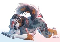 ahegao animated animated_gif anthro ball_gag blue_eyes canid canine canis domestic_dog female floppy_ears fluffy fluffy_tail fur gag gagged hi_res looking_pleasured mammal markings penetration short_playtime solo spots spotted_body spotted_fur strapon tail vaginal vaginal_penetration vikavi0122