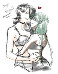 2girls black_hair cinder_fall dark-skinned_female emerald_sustrai green_eyes lingerie rwby yuri