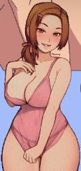 blush blushing breasts brown_eyes brown_hair cleavage fuck_me_eyes huge_breasts looking_at_viewer milf milf_body panties pink_top pixel_art pulling_down_dress smile smiling_at_viewer thick_thighs thighs tits wplace wplace_(artwork)