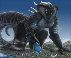 anthro bent_legs big_tail black_body blue_eyes bodily_fluids boxer_briefs boxers_(clothing) building building_destruction city city_background city_destruction cityscape claws clothed clothing cobra cum cum_flooding cum_in_clothing cum_in_underwear destruction ejaculation erection erection_under_briefs erection_under_clothing excessive_cum excessive_genital_fluids feet finger_claws fingerless_gloves fingers genital_fluids genitals gigatiger gloves glowing glowing_genitalia glowing_markings glowing_penis ground_penetration handwear hi_res humanoid_genitalia humanoid_penis hyper hyper_cum kai'nek_(pyronite) kaiju landscape_dwarfing macro macro_anthro macro_male male markings muscular muscular_anthro muscular_male orgasm outside paws pecs penetration penile penis rampage reptile scalie sky snake solo tail toe_claws toes topless underwear vein veiny_penis