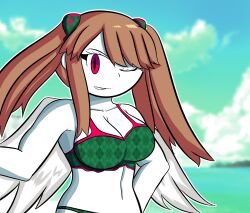 1girl artist_request bare_shoulders beach bikini brown_hair cleavage cloud clouds collarbone colored_skin female female_only funamusea green_bikini large_breasts long_hair looking_at_viewer macarona navel one_eye_closed outdoors outline red_eyes sidelocks sky smile solo solo_female teeth the_gray_garden twintails water white_outline white_skin