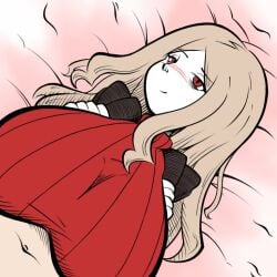 1boy 1girl americo_santisteban bags_under_eyes bed_sheet black_suit blush brown_hair brown_suit character_request closed_mouth funamusea hatching_(texture) jitome long_hair looking_at_viewer navel paizuri paizuri_under_clothes pov red_eyes red_sweater sketch smile suit sweater turtleneck_sweater
