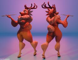 2026 3d_(artwork) 5_fingers 6_ears anthro antlers blender_(artwork) breasts brown_body brown_fur chest_tuft deer digital_media_(artwork) female fingers flower_accessory fur grey_eyes grey_sclera gwen_(spiritfarer) half-closed_eyes heartlessangel3d hi_res hooves horn looking_at_viewer mammal multi_ear multiple_angles narrowed_eyes nipples nude simple_background smoking smoking_pipe solo spiritfarer thunder_lotus_games tuft