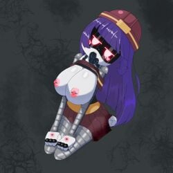 big_breasts blushing crop_top doll_(murder_drones) flashing_at_viewer flashing_breasts hands_on_legs helmet looking_at_viewer murder_drones nipple_piercing on_knees purple_hair red_eyes robot_girl russian_female shaneman420 skirt tongue_out