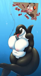 absurd_res anthro aquatic arttukorppu belly between_breasts big_breasts blush breasts cetacean dolphin domestic_cat duo electronics felid feline felis female headphones hi_res licking male mammal microphone nude oceanic_dolphin onomatopoeia orca sea seductive sound_effects text tongue toothed_whale underwater water