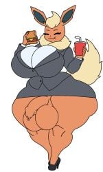 3:5 alpha_channel anthro ava_(chudnari) balls beverage big_balls big_breasts big_penis blazer breasts burger chewing chudnari clothing eeveelution flaccid flareon food footwear foreskin generation_1_pokemon genitals gynomorph hi_res high_heels huge_balls huge_breasts huge_hips huge_thighs hyper hyper_thighs intersex nintendo office_lady penis pokemon pokemon_(species) shoes simple_background thick_thighs transparent_background wide_hips