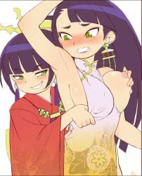 2girls arm_up armpit blush brownish_hare china_dress chinese_clothes etrian_odyssey game grabbing_another's_breast grabbing_from_behind groping height_difference lipstick long_hair makeup napier nipple_tweak sekaiju_no_meikyuu sekaiju_no_meikyuu_3 sisters sisters_(lore) surprised surprised_expression video_game_character video_games