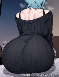 1female 1girl 1girls 2d 2d_(artwork) ai_generated amber_eyes ass_focus big_ass big_breasts black_clothing blue_hair eula_(genshin_impact) genshin_impact hair_accessory high_resolution highres hoyoverse light-skinned_female light_skin patreon patreon_username ryogangg