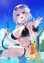 1girl ball beachball bikini black_bikini blue_sky blush breasts cloud cup day drinking_glass drinking_straw eyewear_on_head flower green_eyes hair_flower hair_ornament heart heart-shaped_eyewear highres holding holding_hose hololive hose large_breasts medium_hair o-ring open_mouth shirogane_noel sitting sky smile solo sunglasses swimsuit thigh_strap virtual_youtuber watao