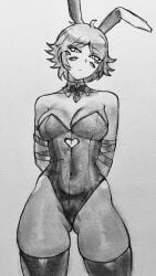 1girls aapendooors arms_behind_back ass_visible_through_thighs big_breasts bunny_ears bunny_girl bunnysuit character_request collar mutliple_eyes short_hair six_eyes thick_thighs thighhighs wrapped_arms