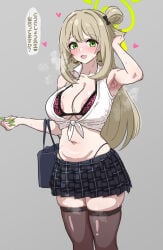 1girls alternate_costume amesuku_gyaru areola_slip arm_behind_head arm_up armpits bag bare_shoulders black_bag black_bow black_skirt black_thighhighs blonde_hair blue_archive blush bow bra cleavage cowboy_shot earrings gold_earrings green_eyes green_halo green_nails grey_background gyaru hair_bow hair_rings halo handbag heart highleg_panties holding holding_bag hoop_earrings japanese_text jewelry large_areolae long_fingernails long_hair looking_at_viewer midriff mitsuame_miiro nail_polish navel nonomi_(blue_archive) open_clothes open_mouth open_shirt panty_straps plaid_clothes plaid_skirt pleated_skirt purple_bra shirt simple_background single_hair_ring skirt sleeveless sleeveless_shirt solo standing steam sweat thighhighs thighs tied_shirt translation_request white_shirt zettai_ryouiki