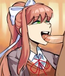 assertive_female doki_doki_literature_club fully_clothed imminent_oral looking_at_another monika_(doki_doki_literature_club) oral penis_in_mouth smile triplestabber