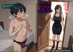 ai_generated black_eyes black_hair boner caught comic crossdressing femboy short_hair sissy text twink