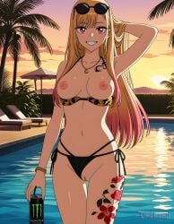1girls ai_generated armpit bikini blonde_hair bracelet breasts exposed_breasts exposed_nipples exposed_pussy female hi_res holding_can kitagawa_marin looking_at_viewer monster_energy monster_energy_can monster_energy_drink necklace nipples one_arm_up one_hand_behind_head pool pussy red_eyes smile sono_bisque_doll_wa_koi_wo_suru tagme tattoo_on_chest tattoo_on_legs un0rth0