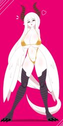 1girl americo_santisteban bikini black_eyes breasts character_request claws colored_skin demon_horns full_body funamusea gold_bikini harpy harpy_girl heart horns huge_breasts navel open_mouth pink_background red_sclera simple_background smile solo standing thighs white_hair white_skin wings
