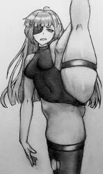 1girls aapendooors doll_(murder_drones) eye_patch eyepatch leg_band legs_up leotard long_hair murder_drones nervous nervous_expression ripped_thighhighs sideboob splits straight_hair thighhighs tight_clothing