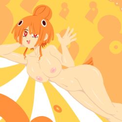 1girl americo_santisteban areolae character_request collarbone completely_nude female female_only funamusea hair_bun hair_ornament hand_on_own_cheek huge_breasts lying navel nipples nude nude_female orange_background orange_hair orange_theme patterned_background red_eyes short_hair solo thick_thighs waving white_pupils