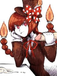 1boy 1girl americo_santisteban bow candle character_request collared_jacket collared_shirt cum cum_on_table disembodied_penis expressionless funamusea hair hand_on_own_cheek handjob hat hat_bow hetero jacket long_hair penis polka_dot_bow pout red_eyes red_hair red_jacket red_ribbon ribbon shirt top_hat twin_braids whit_shirt white_pupils