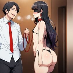 ai_generated big_ass bubble_butt defeated flat_chest inu_to_hasami_wa_tsukaiyou kazuhito_harumi leash leashed_collar micro_bikini natsuno_kirihime small_breasts submission