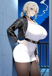 1girl ai_generated bangs belt black_choker black_jacket black_legwear blue_eyes breasts choker cigarette covered_nipples eye_bags grin huge_breasts jacket looking_at_viewer nicolette_(baselard35) open_jacket original pantyhose platinum_blonde_hair self_upload skirt smile smoking solo tied_hair