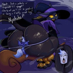 1:1 anal anthro anthro_on_anthro big_butt biped black_body black_fur bodily_fluids butt clothed clothed_anthro clothed_male clothing cute_fangs duo english_text fangs femboy fur hat headgear headwear hi_res huge_butt male male/male mammal micro one_eye_closed open_mouth oral outside rimming sex signature sitting sweat sweatdrop sweaty_butt teeth text tongue tongue_out trapped_in_butt uromatsu yellow_eyes