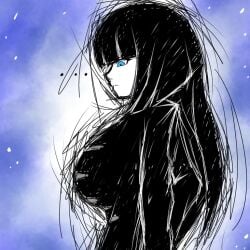 ... 1girl americo_santisteban black_hair black_suit blue_eyes blunt_bangs character_request closed_mouth clothed colored_skin expressionless from_side funamusea genderswap genderswap_(mtf) hime_cut huge_breasts long_hair sketch sky solo spoken_ellipsis star_(sky) suit white_skin