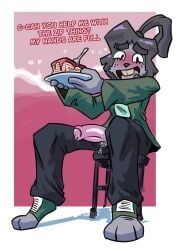 algob4v bav big_penis blush blushing bunny_ears clothed clothing food furry furry_male furry_only grey_body grey_fur grey_hair holding_food holding_object open_mouth penis penis_out plate rabbit_ears unzipped unzipped_pants
