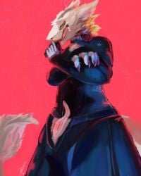 4:5 absurd_res anthro bodily_fluids clitoral_hood clitoris female front_view fur genital_fluids genitals gun hi_res looking_down pink_background prehensile_clitoral_hood ranged_weapon sergal simple_background standing tongue tongue_out vulva weapon yamithaboi