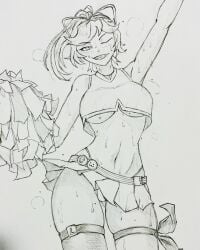 1girls aapendooors animal_ears arms_up character_request cheerleader cheerleader_outfit cheerleader_uniform crop_top exposed_midriff miniskirt one_eye_closed pom_poms ponytail ribbon skirt smile smiling steamy_breath sweat sweating thigh_strap thin_waist underboob underwear wide_hips